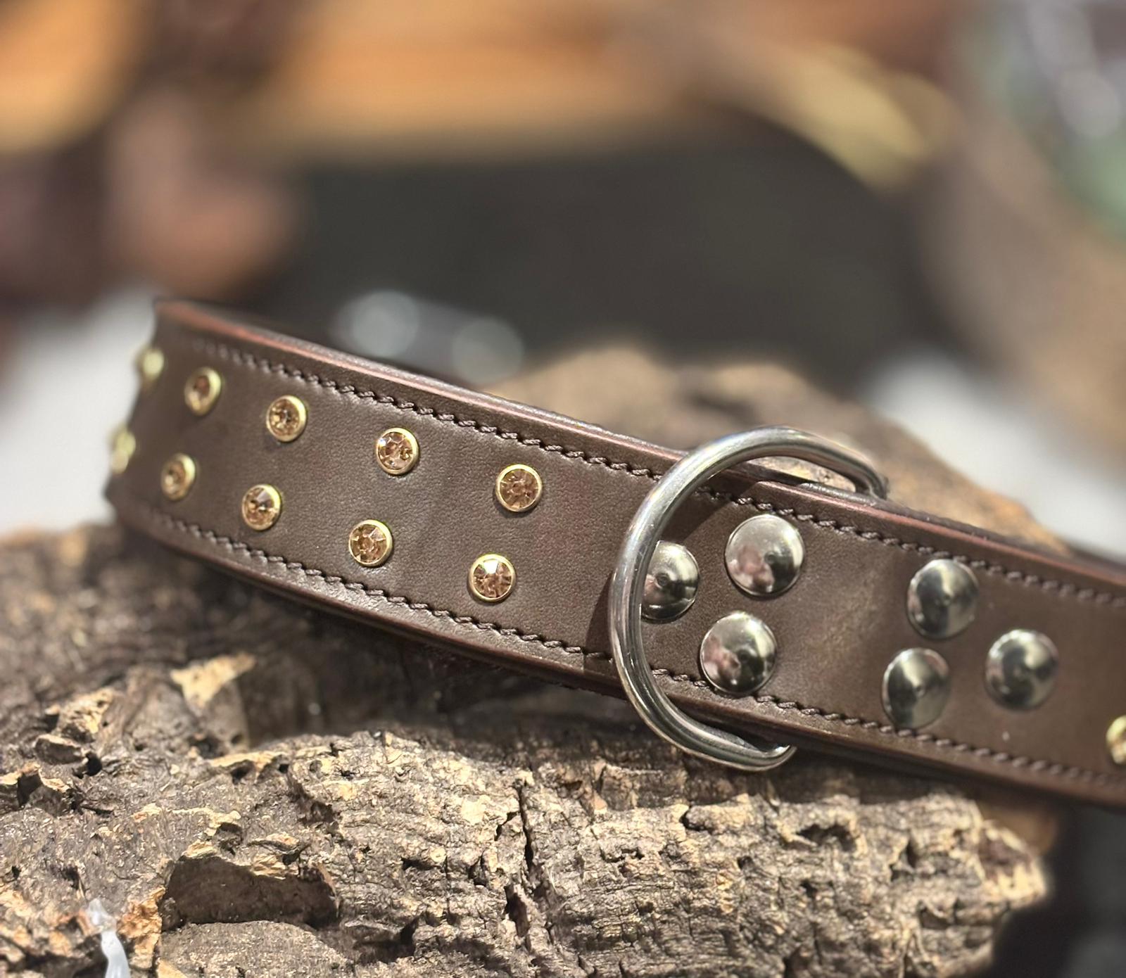 Premium brown leather dog collar with rose gold crystal studs close up