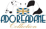 Two Great Danes facing each other with the Union Jack Flag between them, beneath is text Adoreadane Collection
