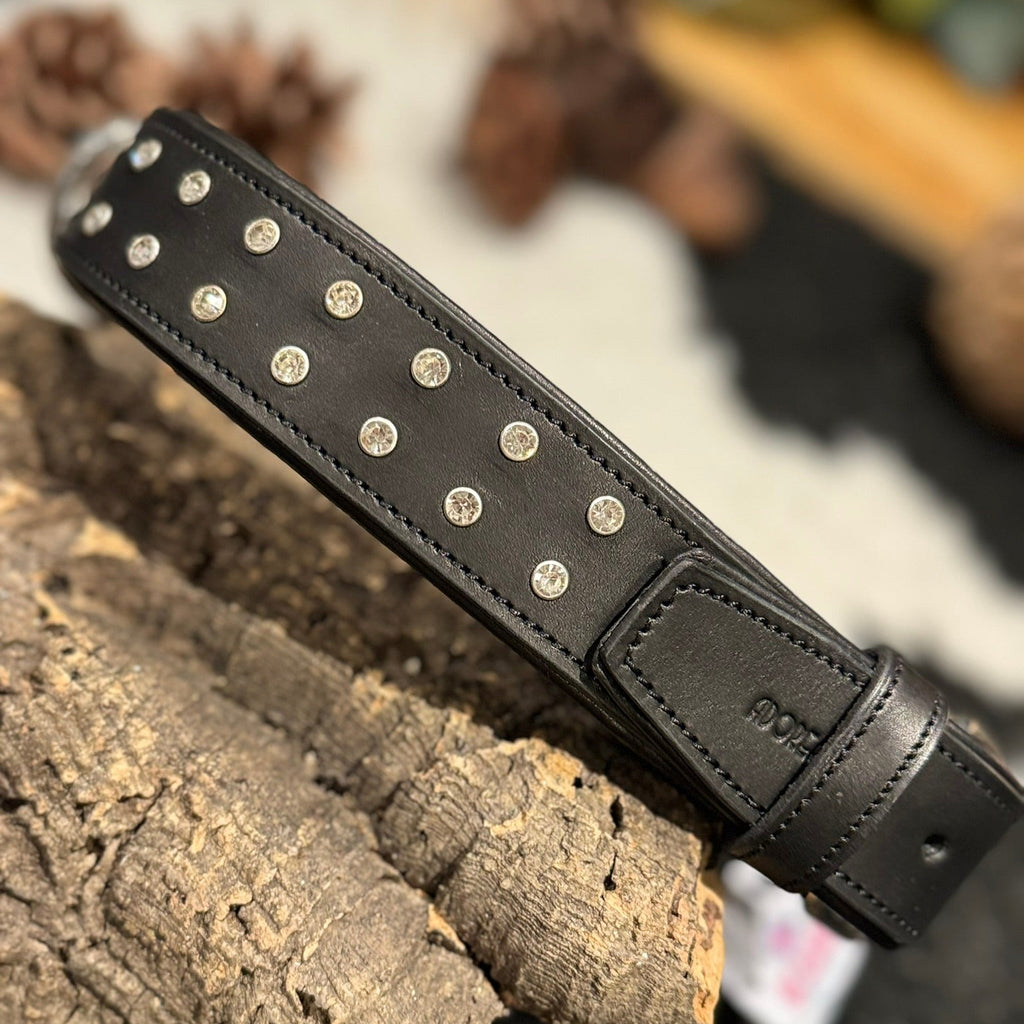 Black leather dog collar with clear crystal studs 