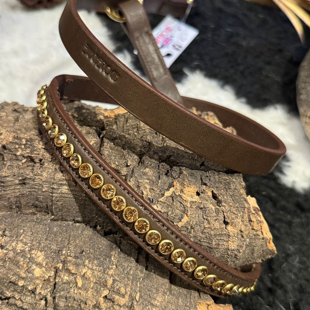 brown leather figure 8 head collar with gold crystal studs 