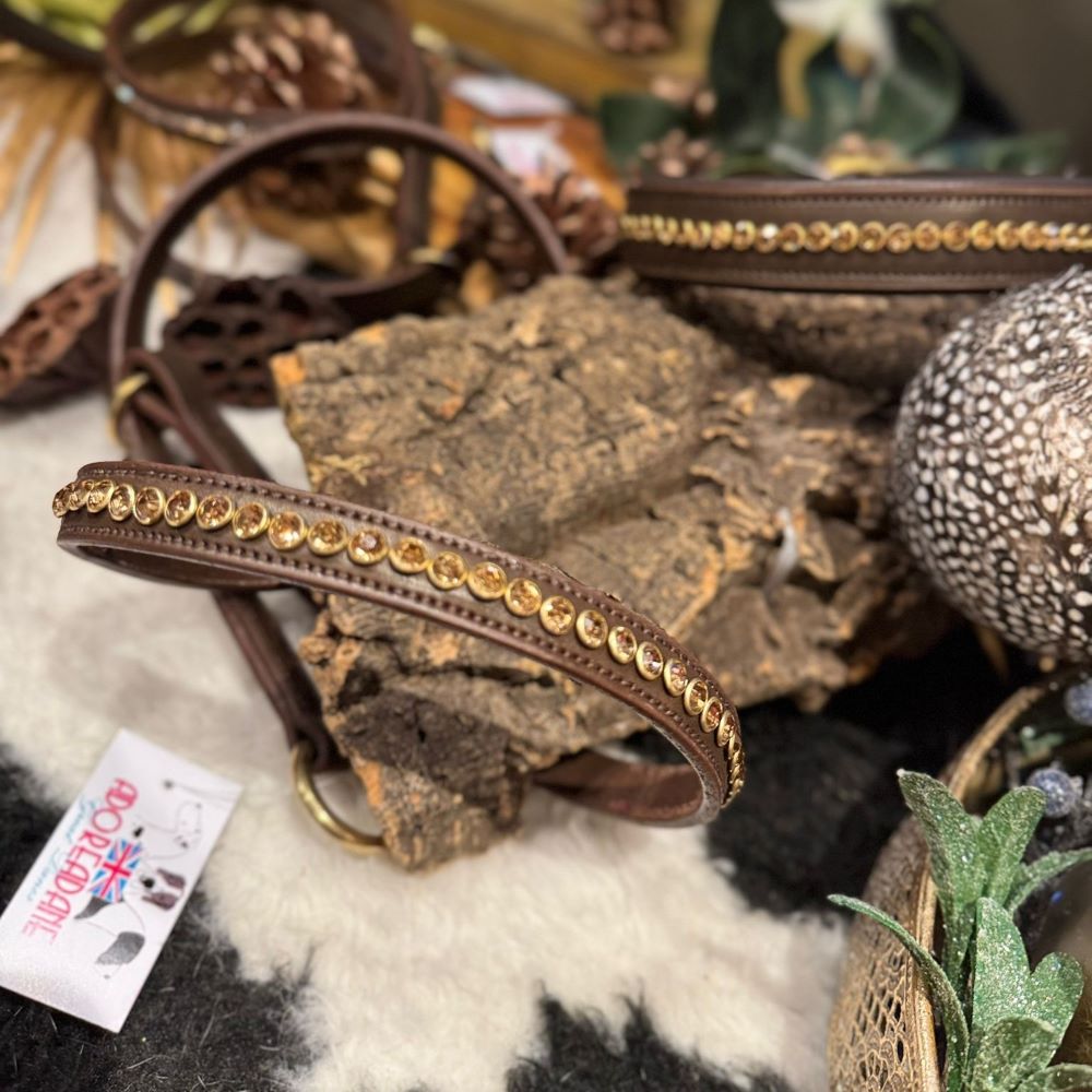 brown leather figure 8 head collar with gold crystal studs 