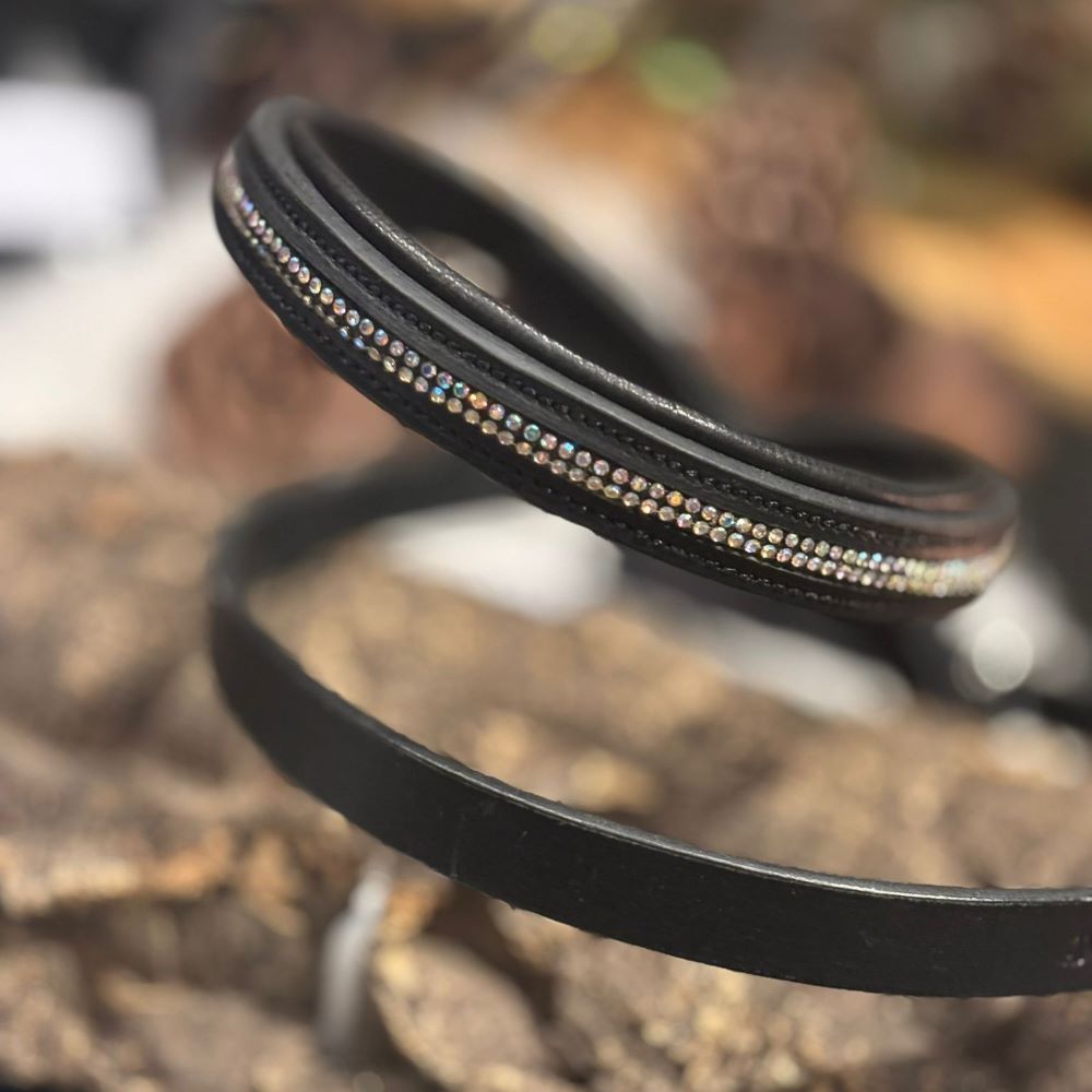 Black leather dog head collar embellished with handcrafted clear rhinestones