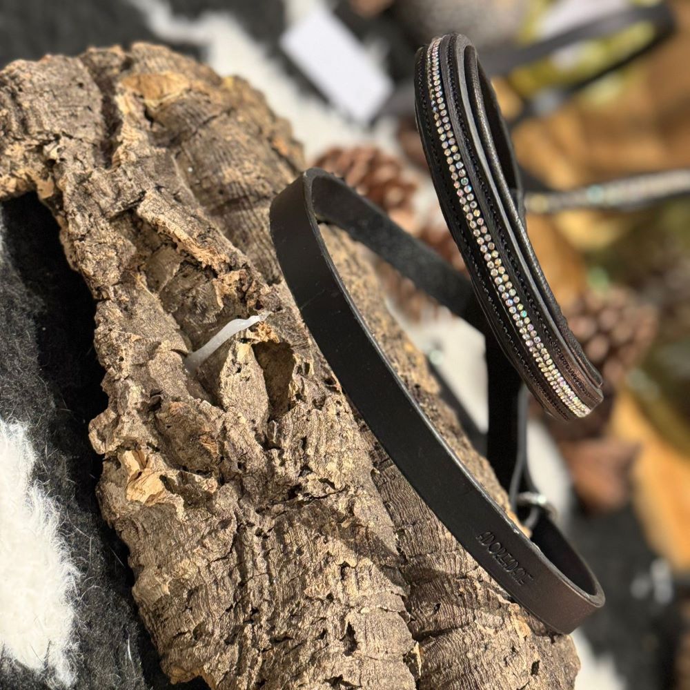 Black leather dog head collar embellished with handcrafted clear rhinestones