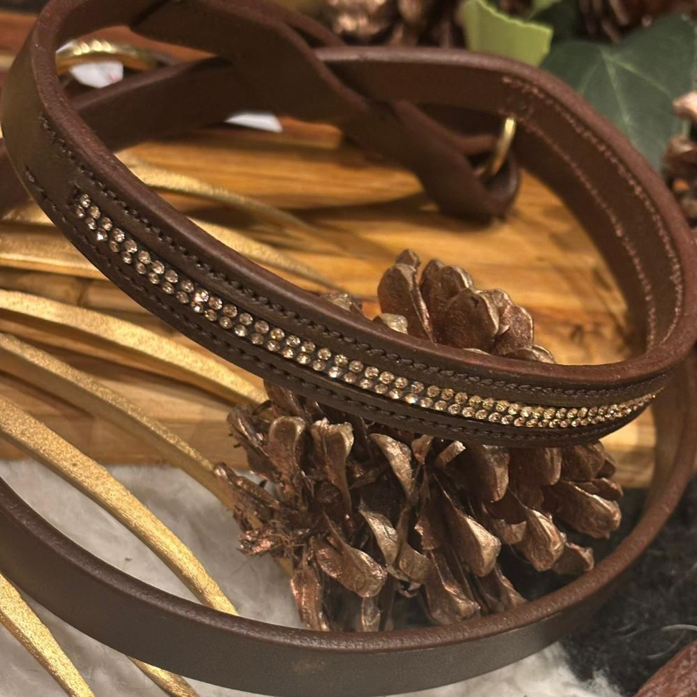 brown leather dog head collar embellished with handcrafted rose gold rhinestones