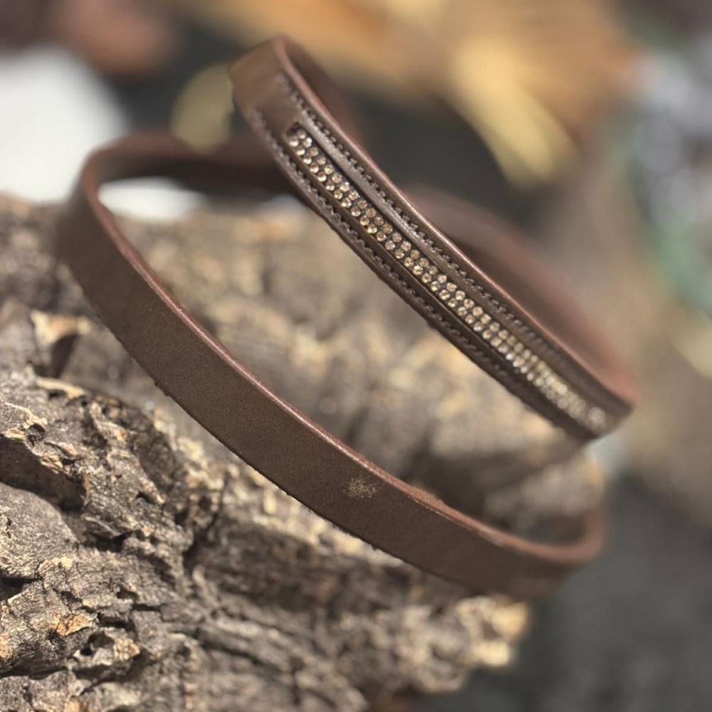 brown leather dog head collar embellished with handcrafted rose gold rhinestones