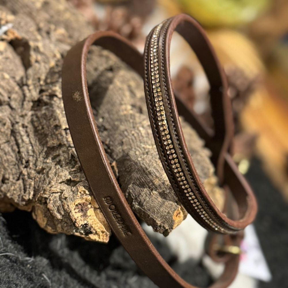 brown leather dog head collar embellished with handcrafted rose gold rhinestones