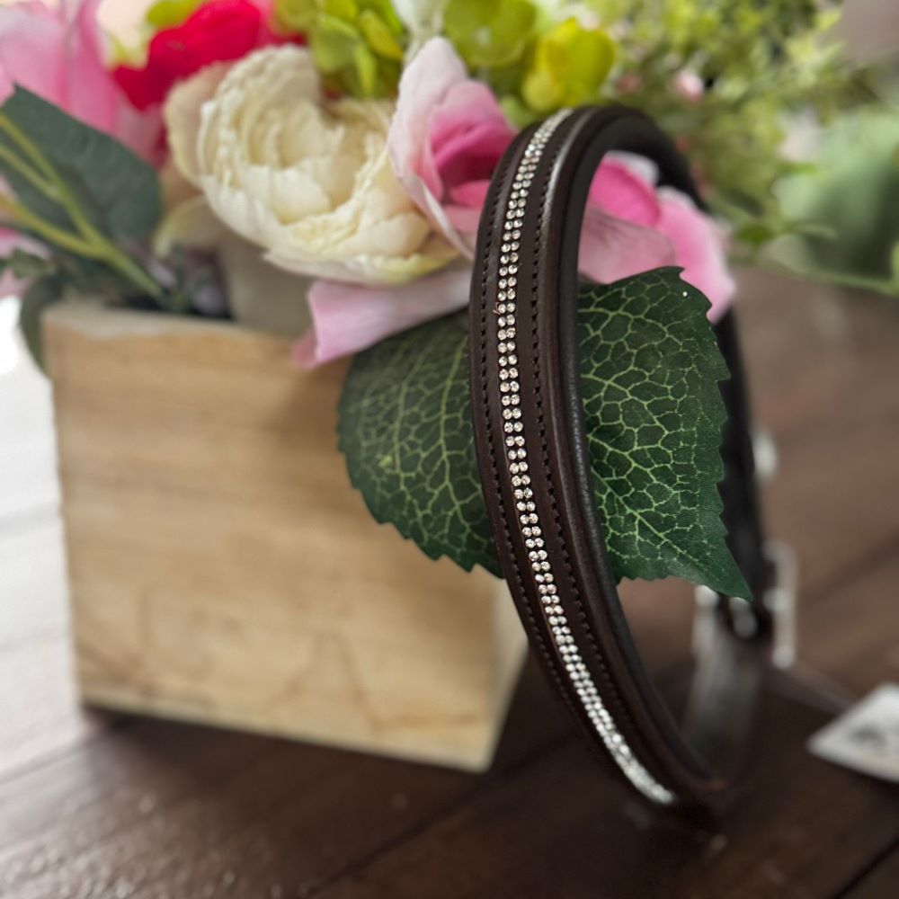 The Veuve Leather Thin Collar in Brown embellished with handcrafted rhinestones 