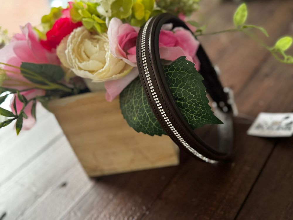 The Veuve Leather Thin Collar in Brown embellished with handcrafted rhinestones 