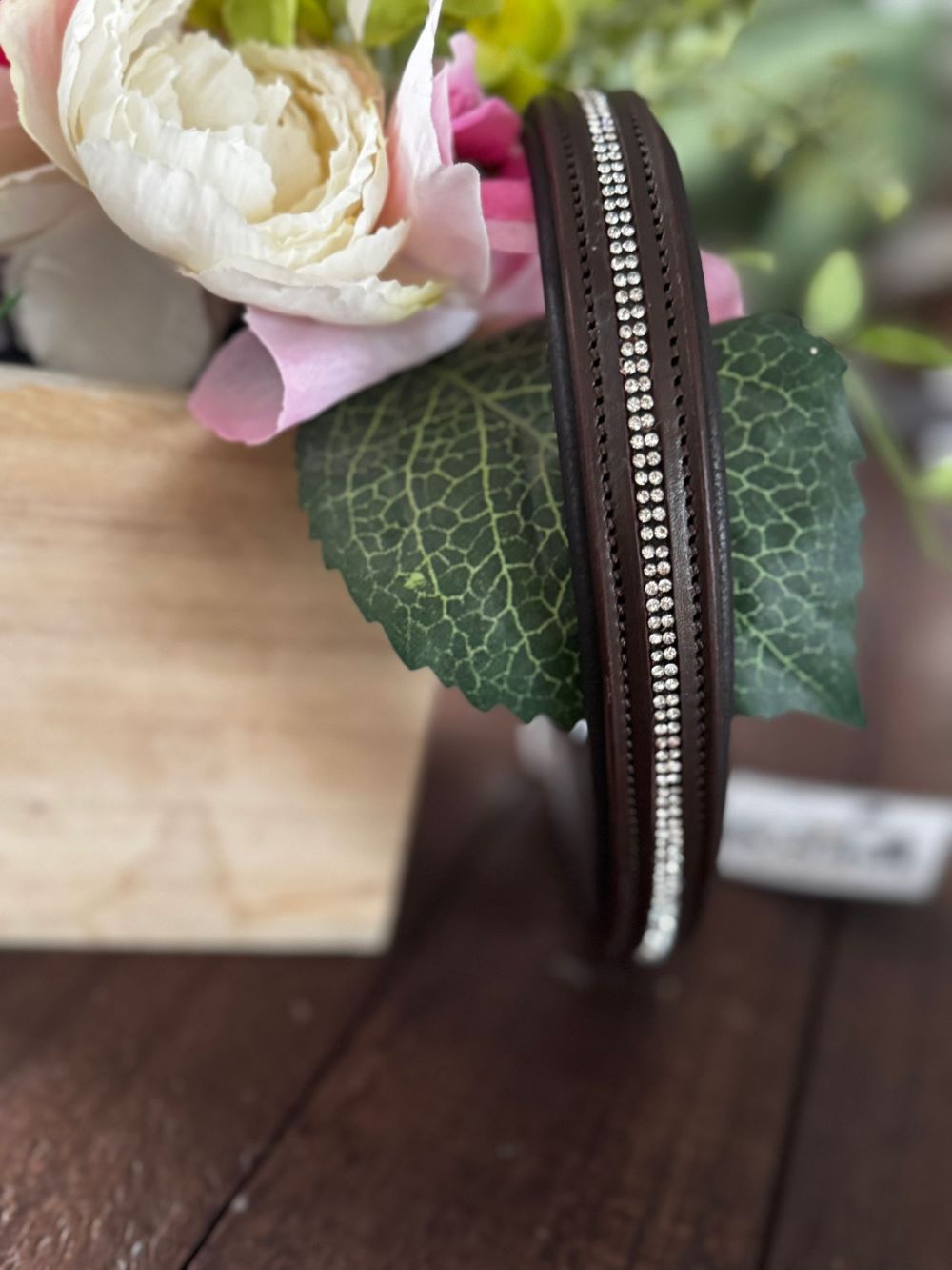 The Veuve Leather Thin Collar in Brown embellished with handcrafted rhinestones 