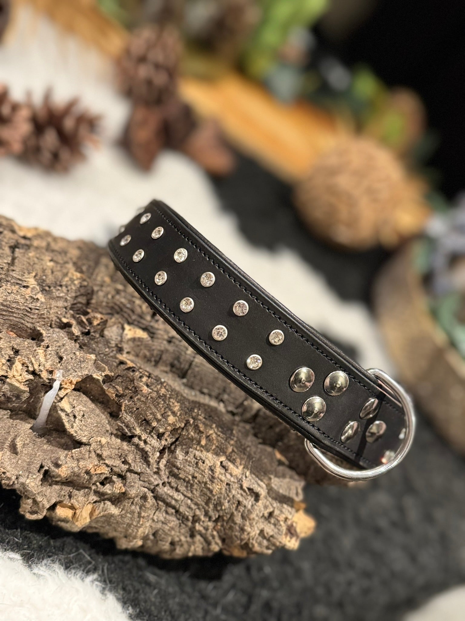 Black leather dog collar with clear crystal studs 