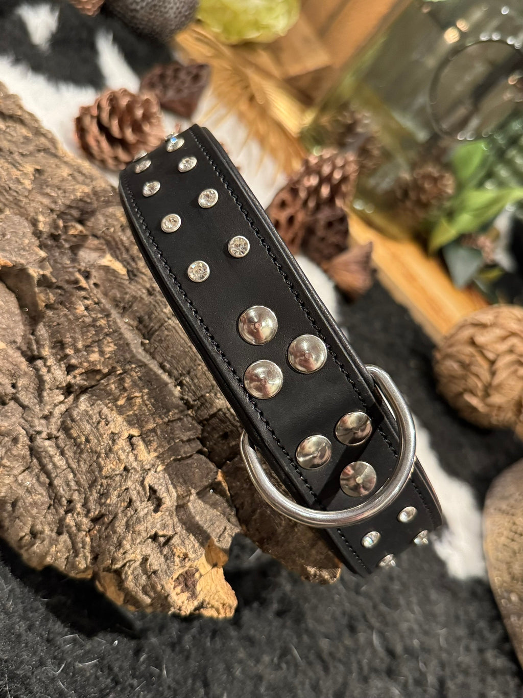 Black leather dog collar with clear crystal studs