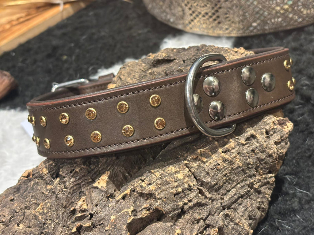Brown leather dog collar with rose gold crystal studs