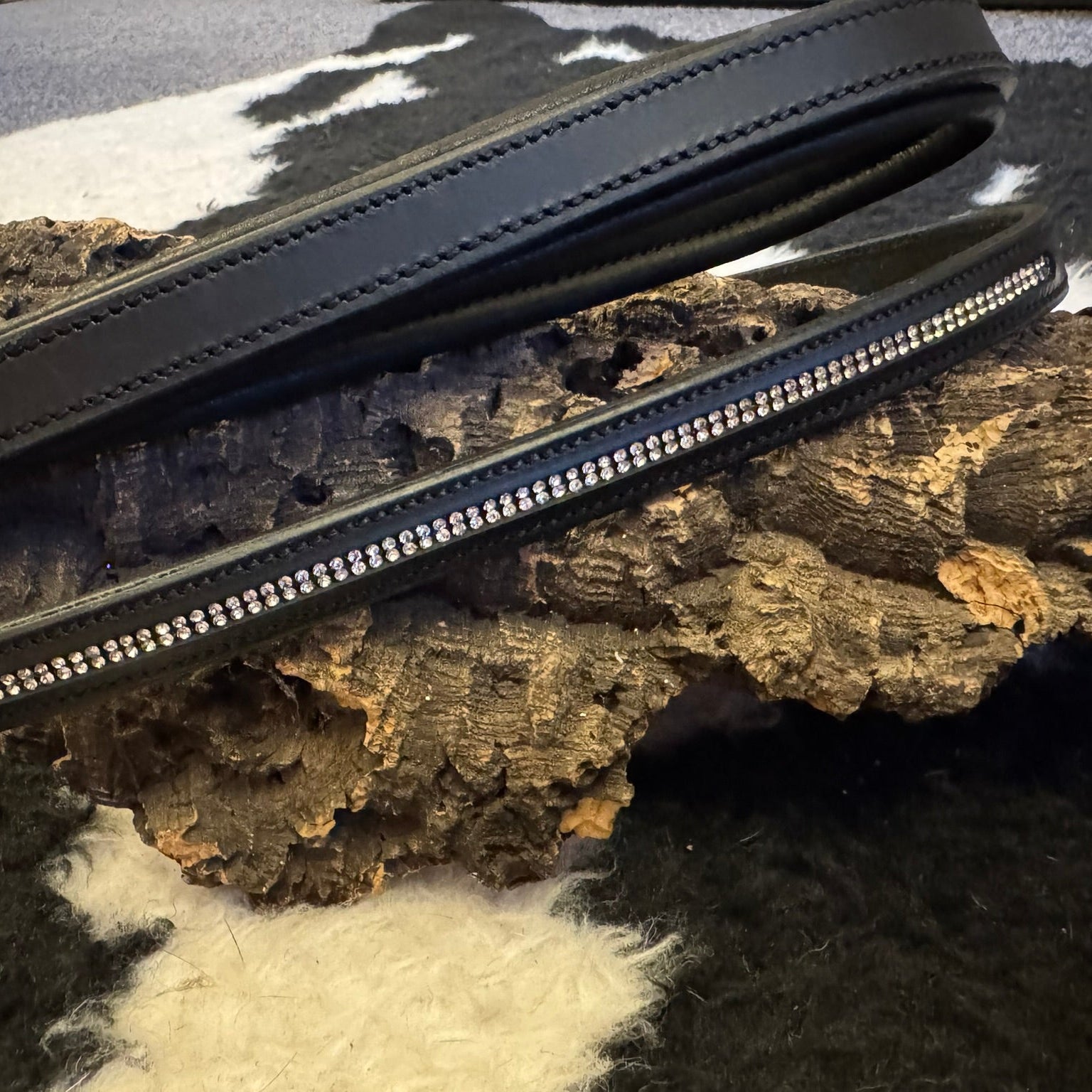 black leather dog lead embellished with clear crystals 