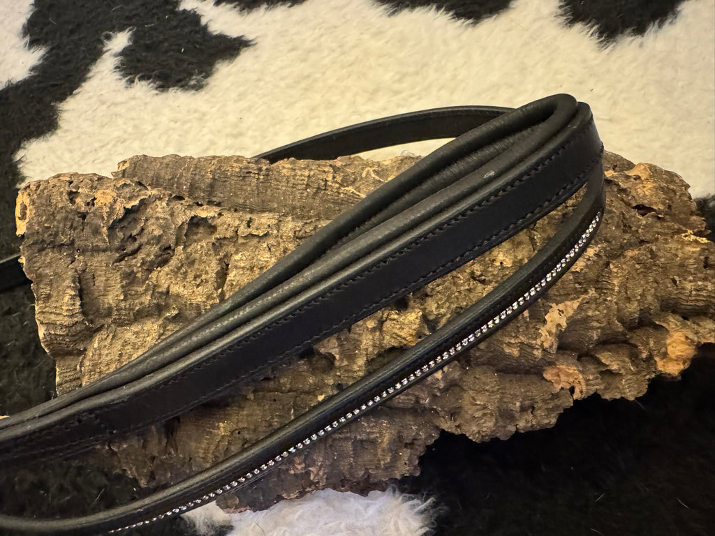 black leather dog lead embellished with clear crystals 