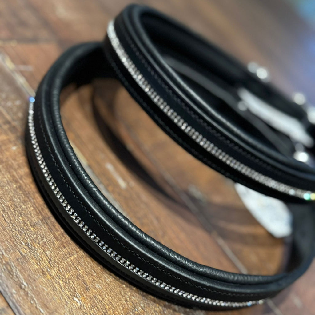 A black leather figure of 8 head collar, embellished with handcrafted rhinestones
