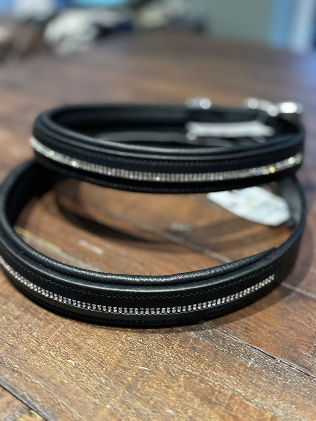 A black leather figure of 8 head collar, embellished with handcrafted rhinestones