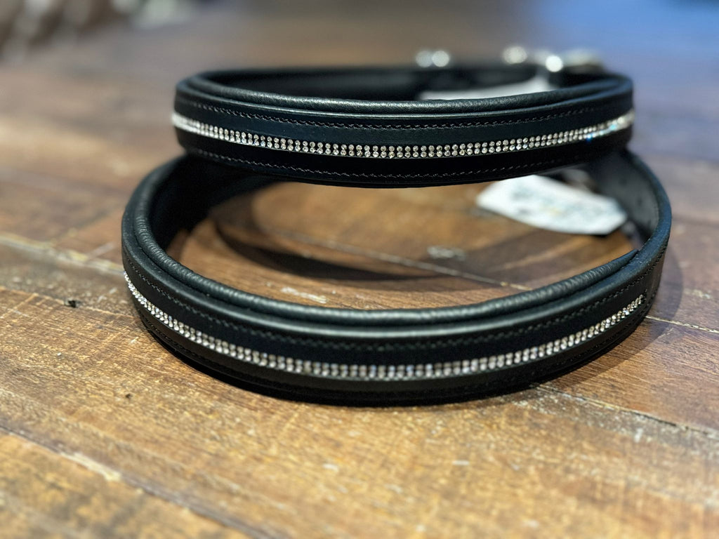 A black leather figure of 8 head collar, embellished with handcrafted clear crystal rhinestones