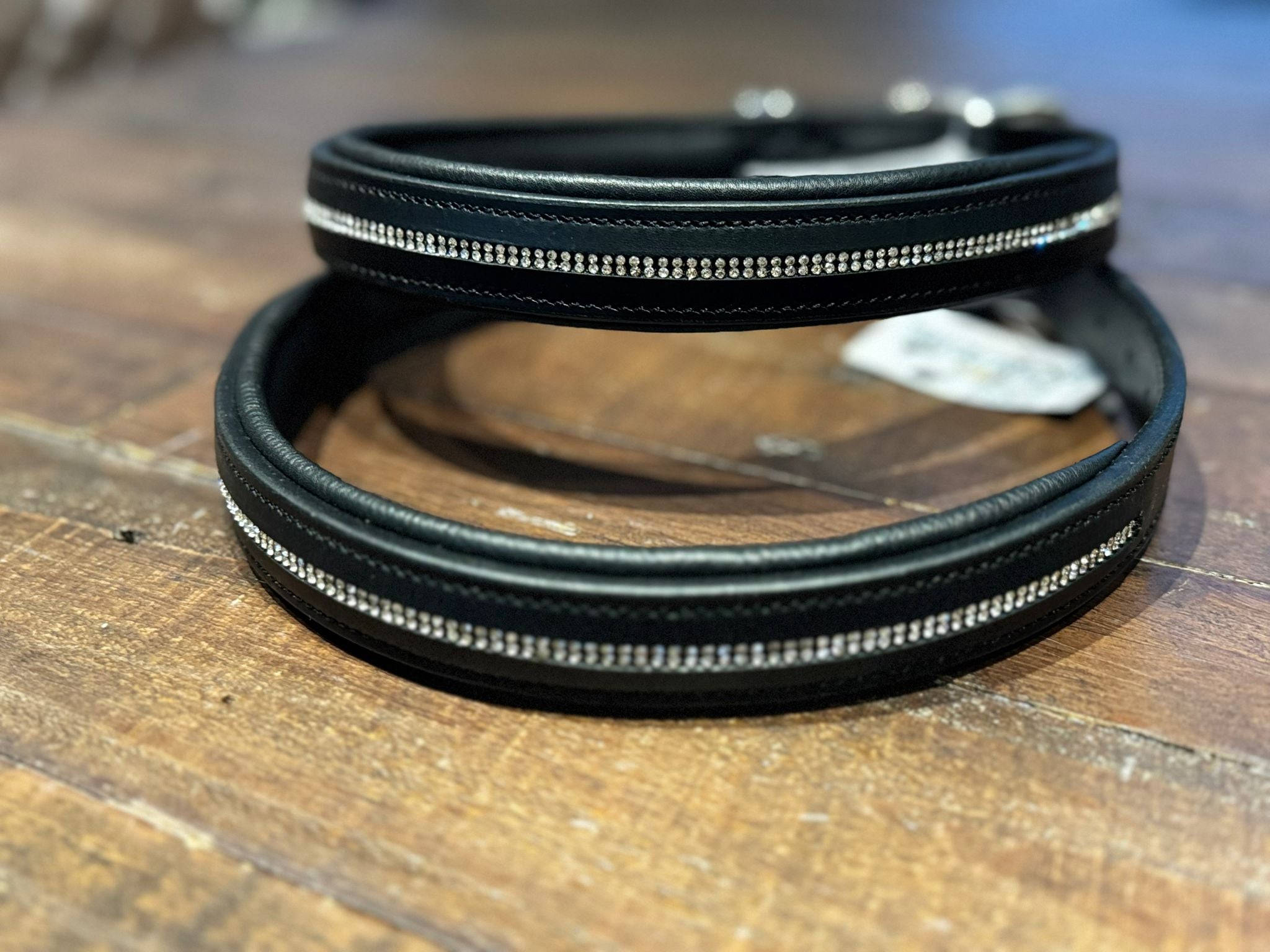 A black leather figure of 8 head collar, embellished with handcrafted clear crystal rhinestones