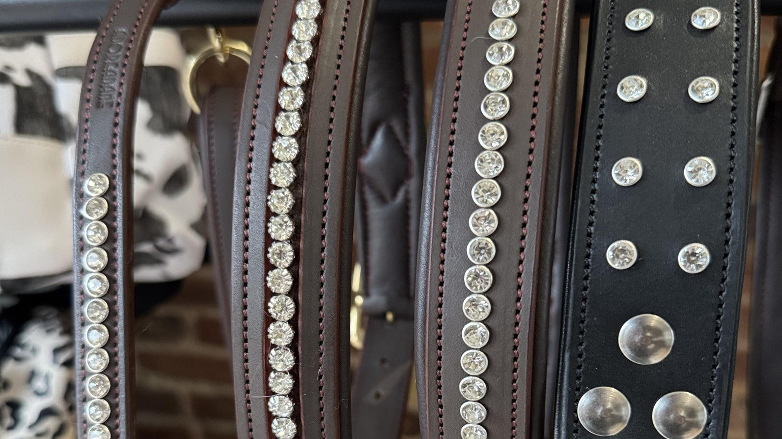 A close up of dog collars embellished with clear crystal studs 