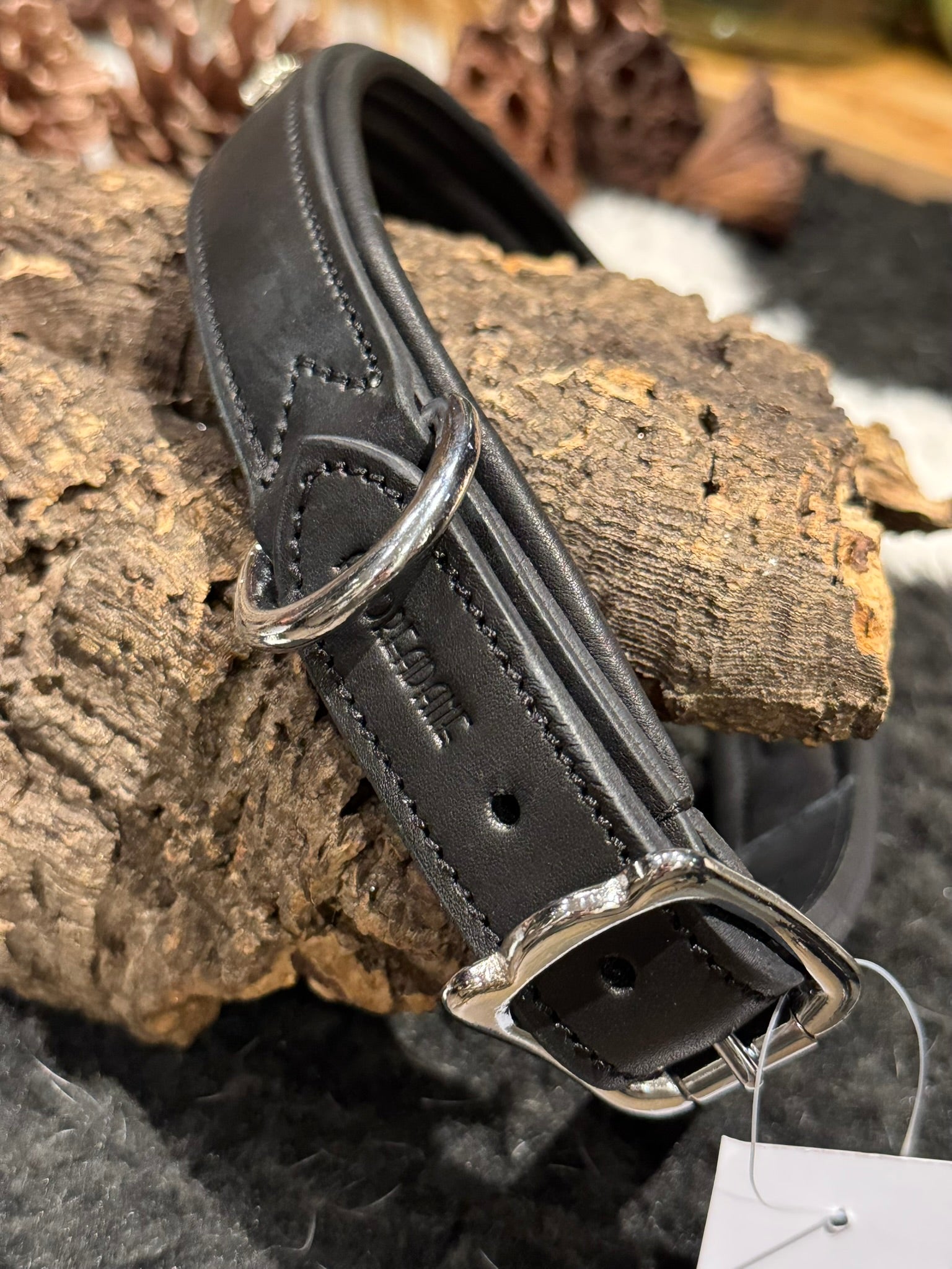 Black leather dog collar with metal buckle on a wooden surface