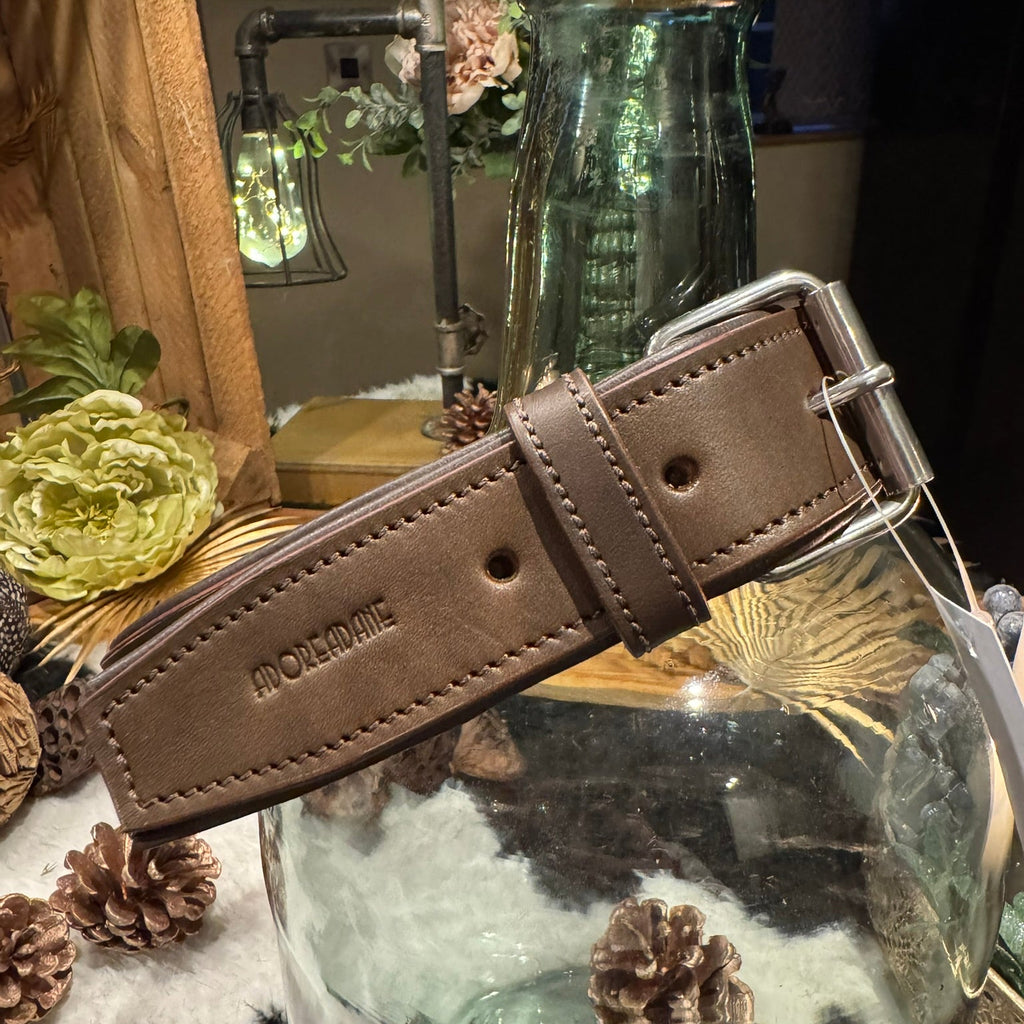 Brown leather dog collar with silver buckle on a glass jar 